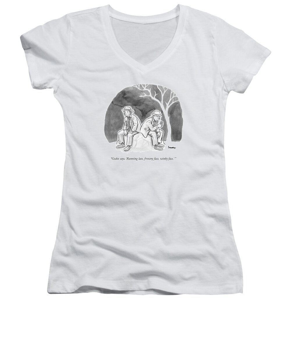 Waiting For Godot Women's V-Neck featuring the drawing Two Bedraggled Men by Benjamin Schwartz