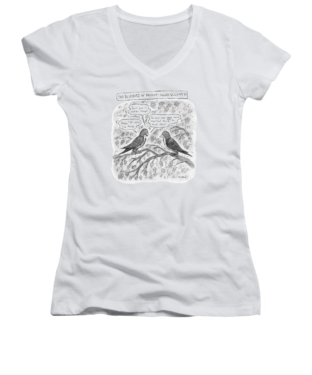 Birds Women's V-Neck featuring the drawing Two Birds Sitting On A Tree Branch by Roz Chast