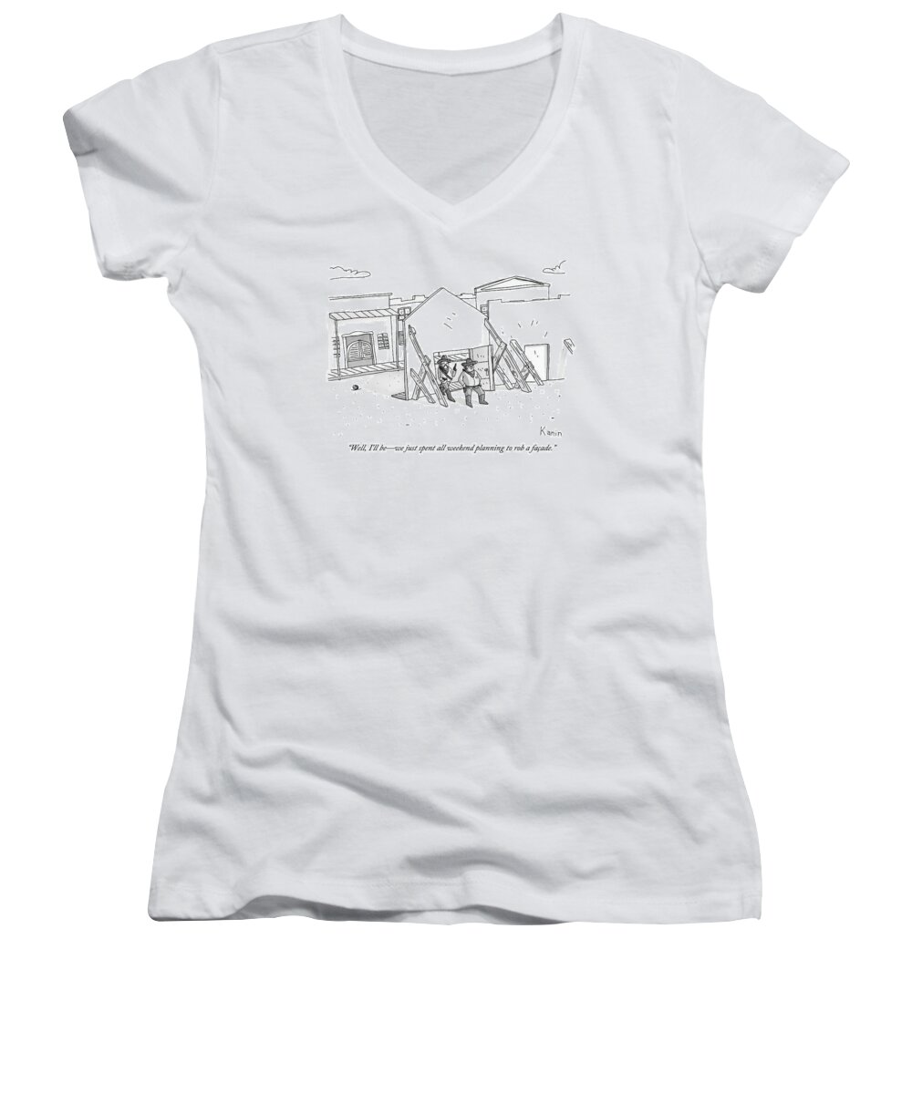 Cowboys Women's V-Neck featuring the drawing Two Cowboys Walk Through The Doorway Of A Fake by Zachary Kanin