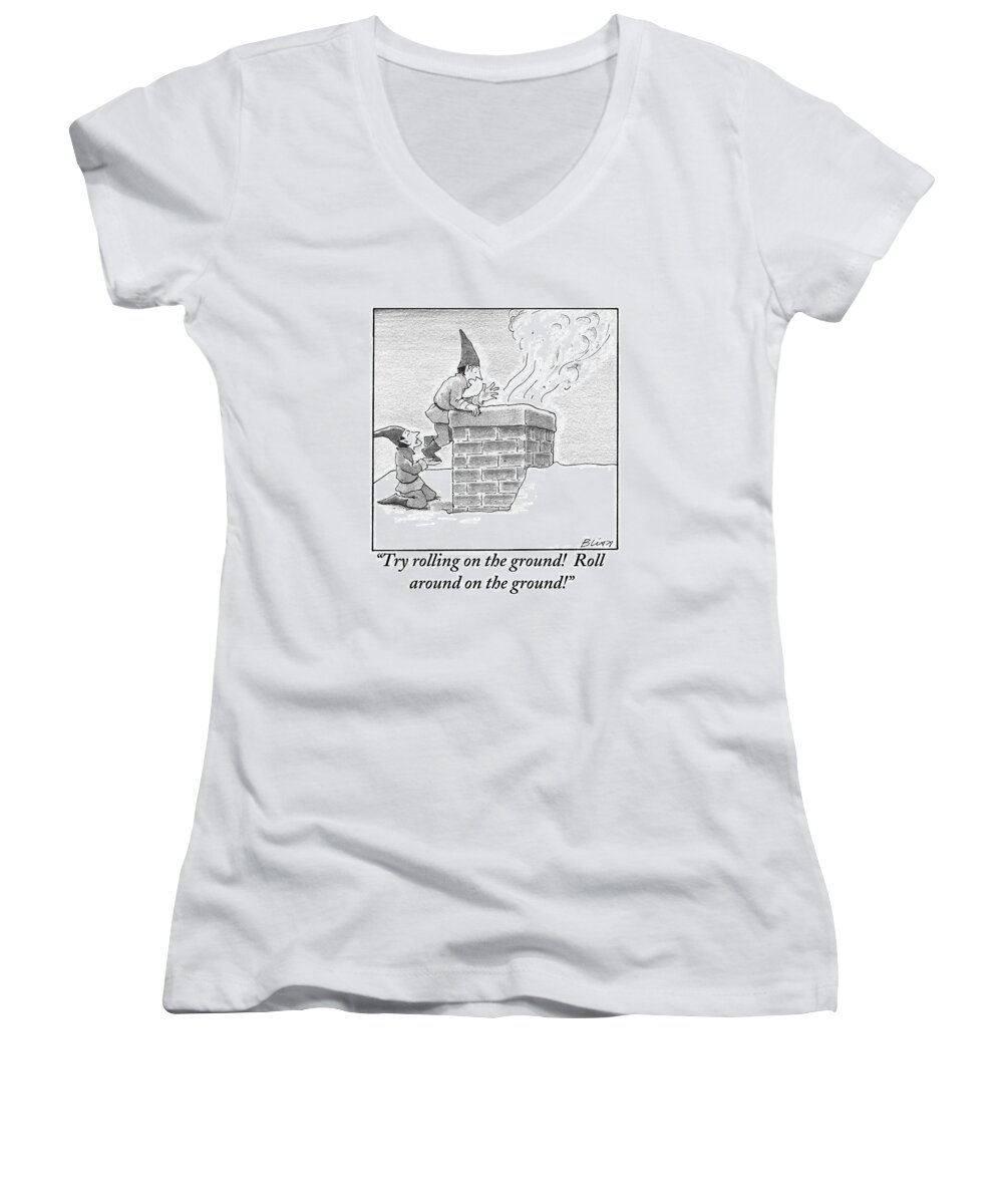 Fire Women's V-Neck featuring the drawing Two Elves On A Snow-covered Roof Yell by Harry Bliss