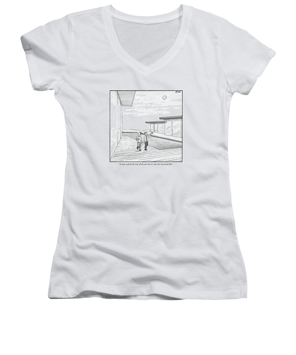 Money Women's V-Neck featuring the drawing Two Men Touring The Outside Of A Big House by Harry Bliss
