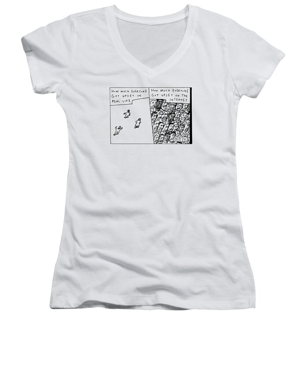Captionless Women's V-Neck featuring the drawing Two Panels How Much Everyone Got Upset In Real by Bruce Eric Kaplan