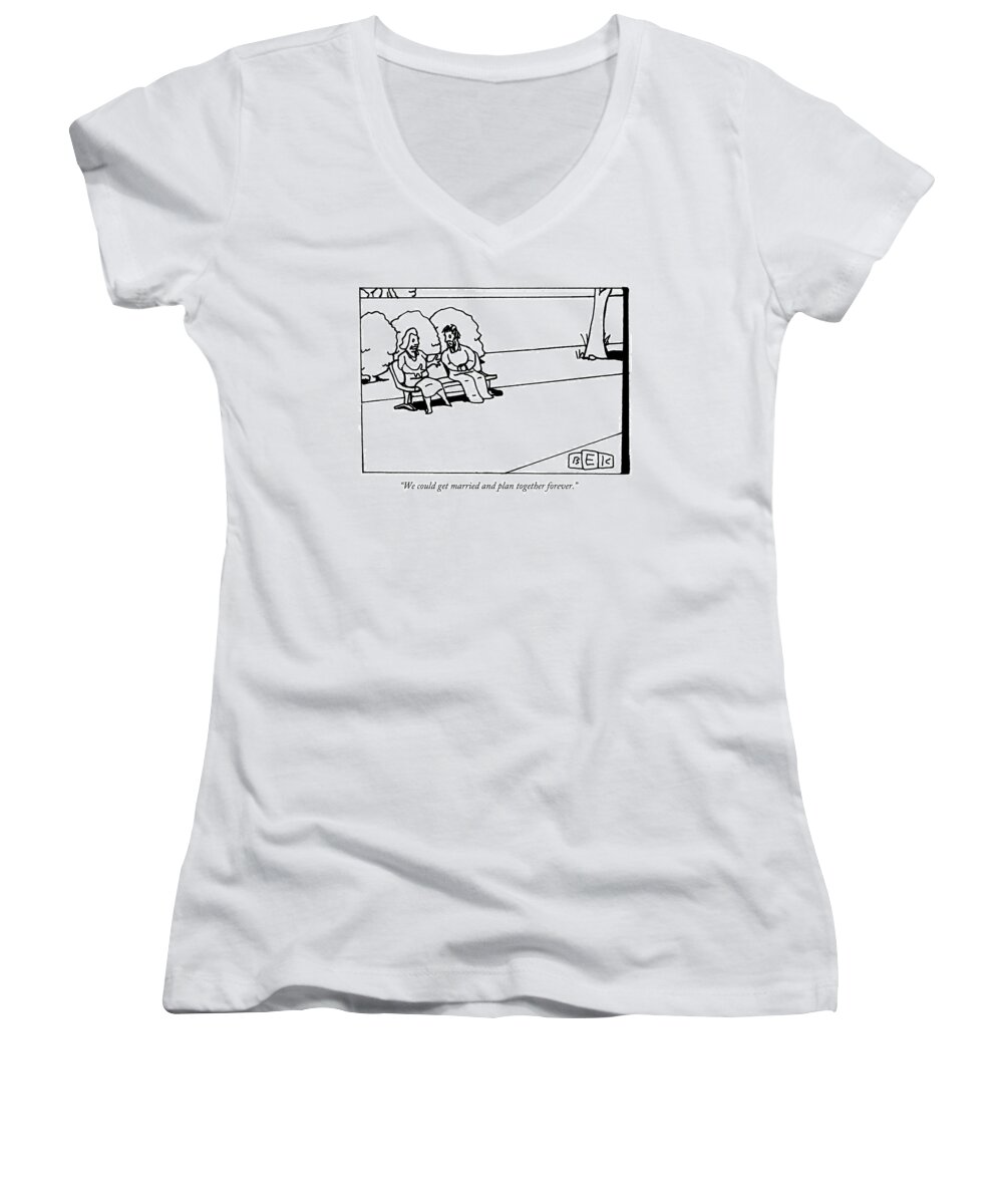 Park Bench Women's V-Neck featuring the drawing Two People Are Seated Beside Each Other On A Park by Bruce Eric Kaplan