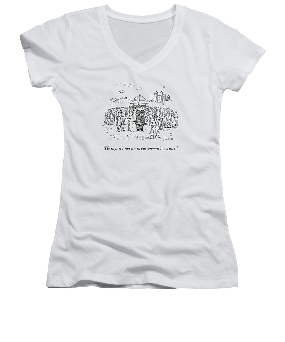 Aliens Women's V-Neck featuring the drawing Two Soldiers And A Captain Address An Alien by David Sipress