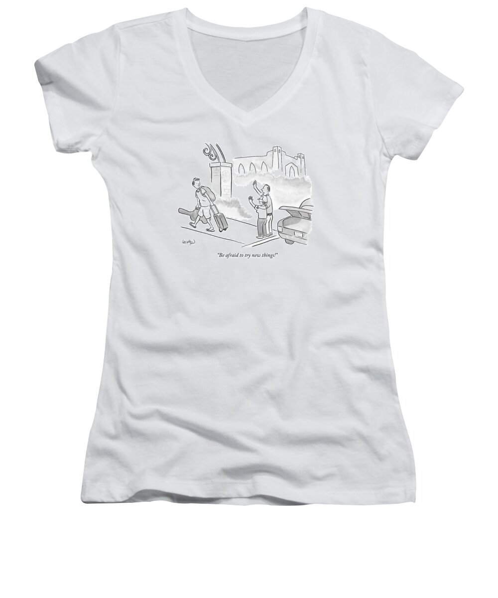 College Women's V-Neck featuring the drawing Two Waving Parents Speak To Their Son Who by Robert Leighton