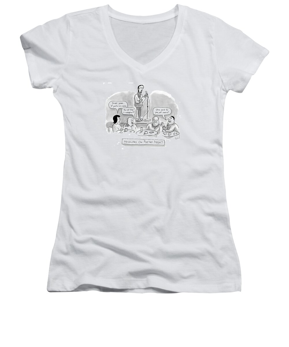 Poetry Women's V-Neck featuring the drawing New Yorker June 11th, 2007 by Bob Eckstein