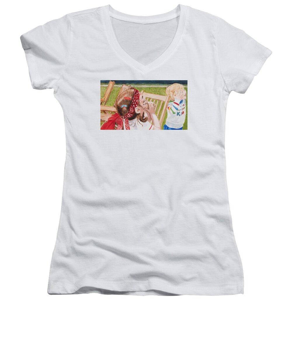 Children Women's V-Neck featuring the painting Up Up and Away by Vickie G Buccini