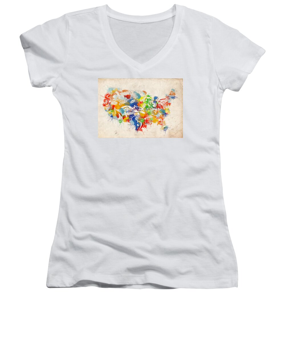 Nfl Women's V-Neck featuring the painting Usa Nfl Map Collage 12 by Bekim M