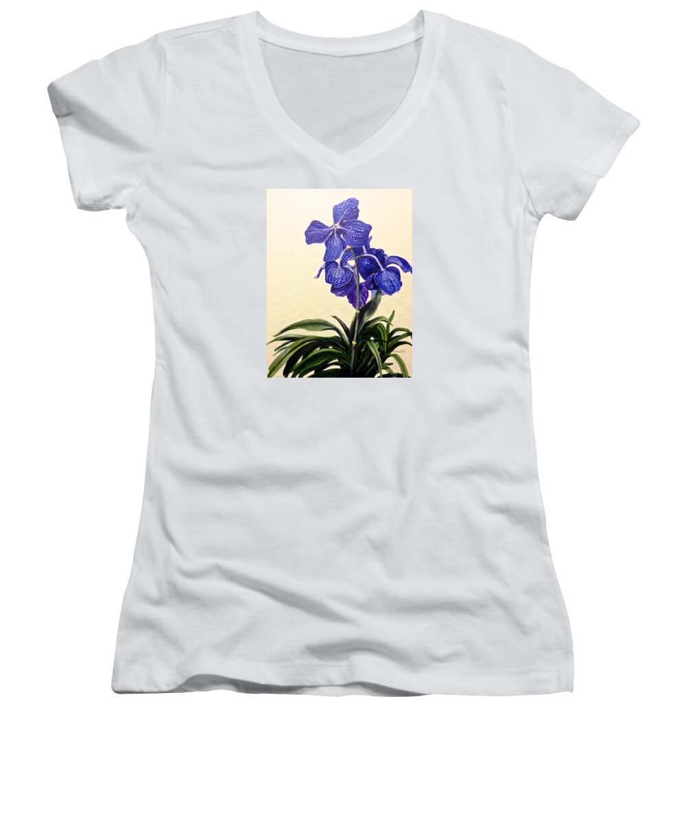 Vanda Sausai Blue Orchid Women's V-Neck featuring the painting Vanda Sausai Blue Orchid by Mary Palmer