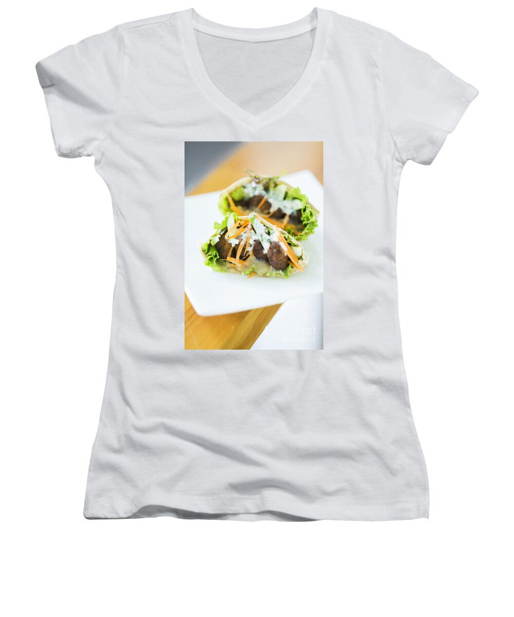 Bread Women's V-Neck featuring the photograph Vegetarian Falafel In Pita Bread Sandwich by JM Travel Photography