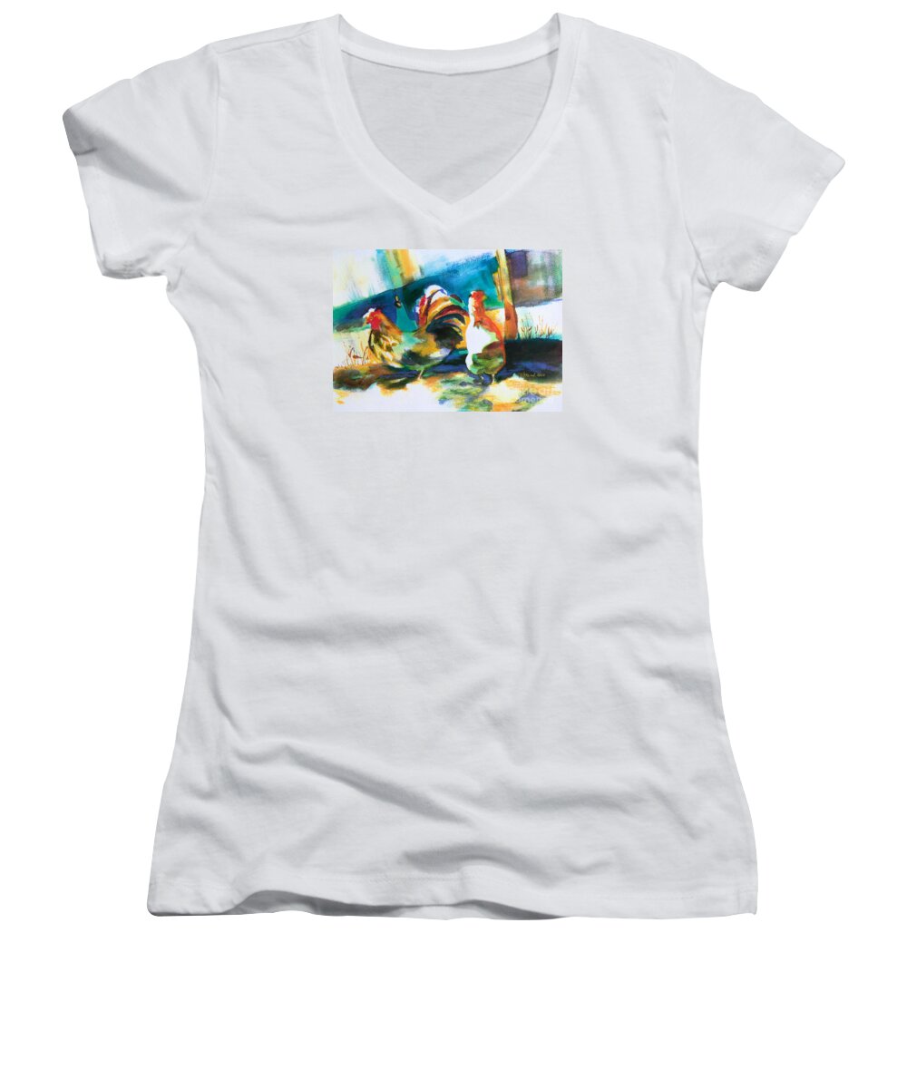 Painting Women's V-Neck featuring the painting Veridian Chicken by Kathy Braud
