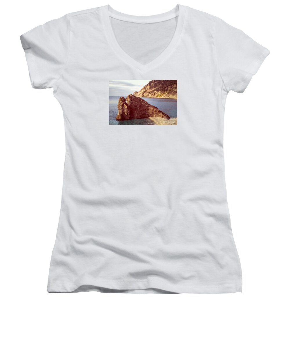 Cinque Terre Women's V-Neck featuring the photograph View from Beach of Monterosso by Prints of Italy