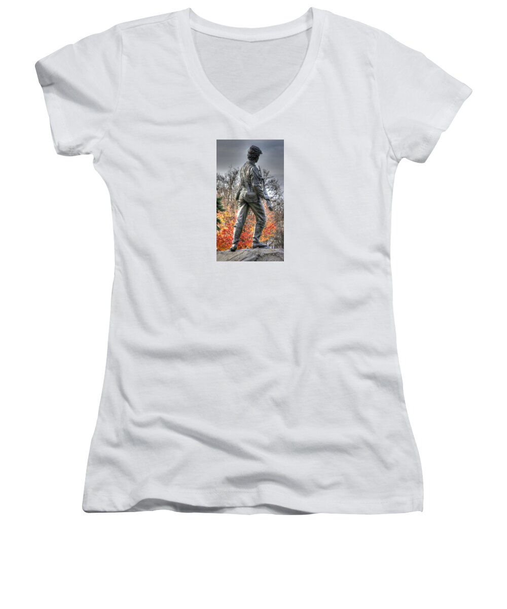 Civil War Women's V-Neck featuring the photograph War Fighters - 26th Pennsylvania Emergency Militia Infantry-B1 Defending the Town of Gettysburg by Michael Mazaika