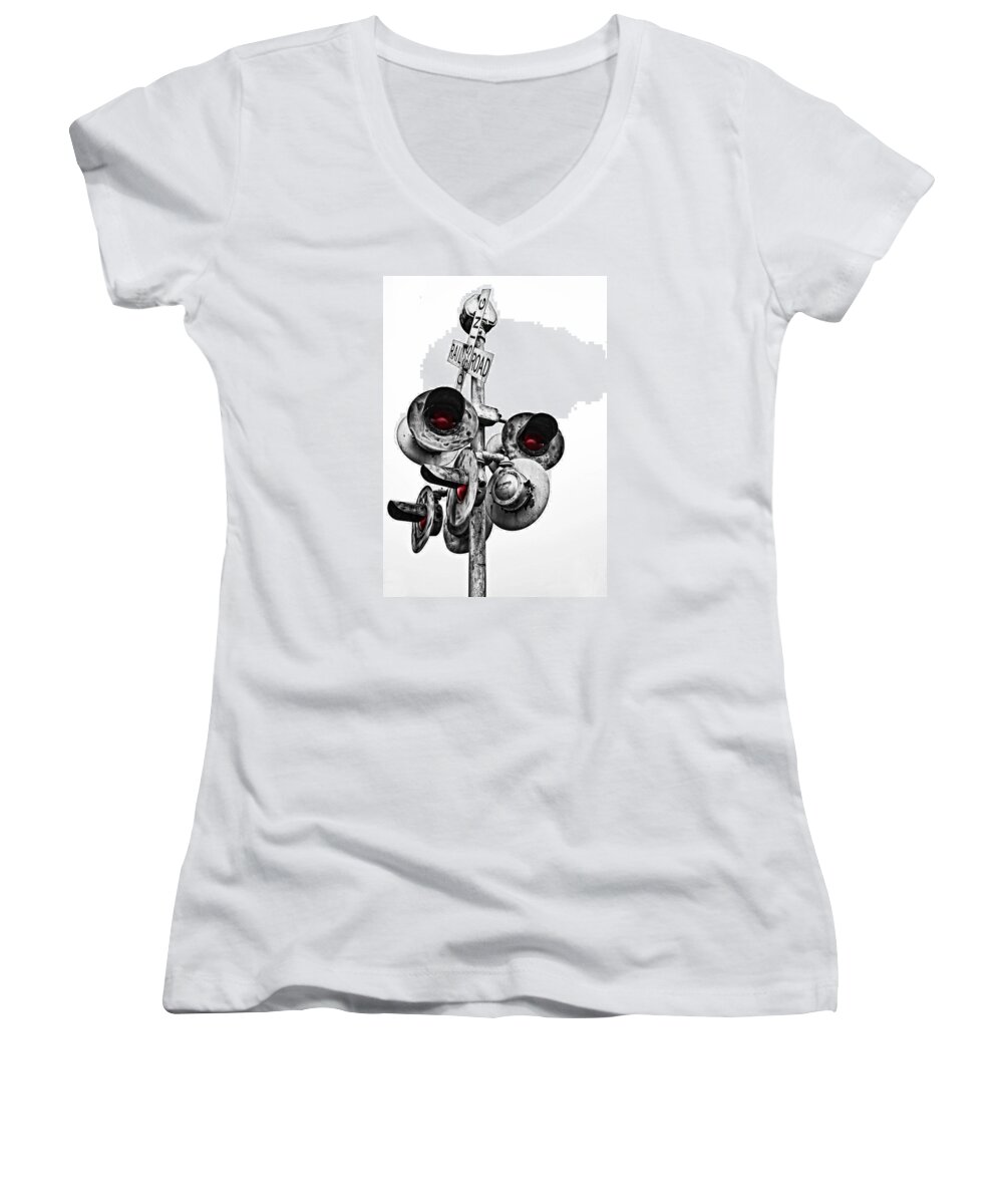 Railroad Women's V-Neck featuring the photograph Warning by Mark Alder