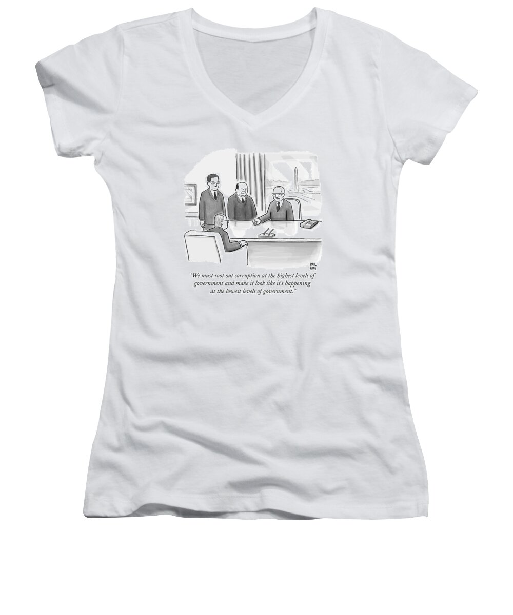 Politics Women's V-Neck featuring the drawing Washington Politicians Speak Around A Desk by Paul Noth