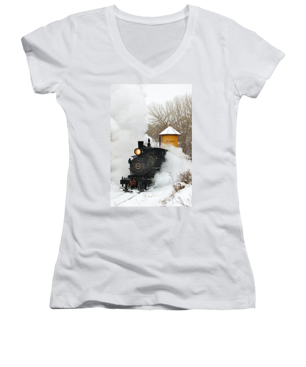 Colorado Railroad Museum Women's V-Neck featuring the photograph Water Tower behind the Steam by Ken Smith