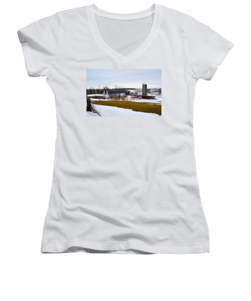 Barn Women's V-Neck featuring the photograph Western New York Farm as an oil painting by Tracy Winter