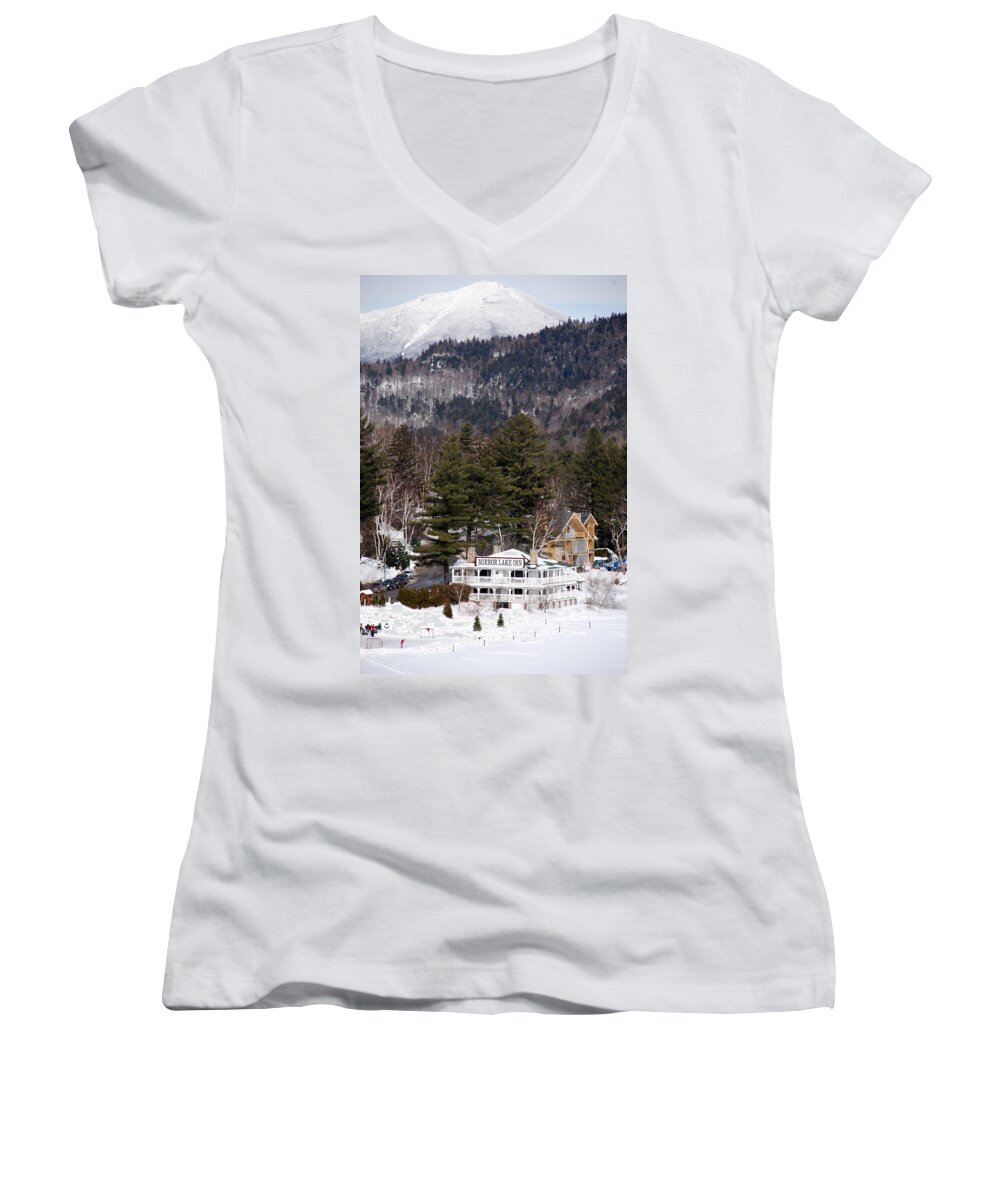 Nature Women's V-Neck featuring the photograph Whiteface and Mirror Lake Inn by John Schneider