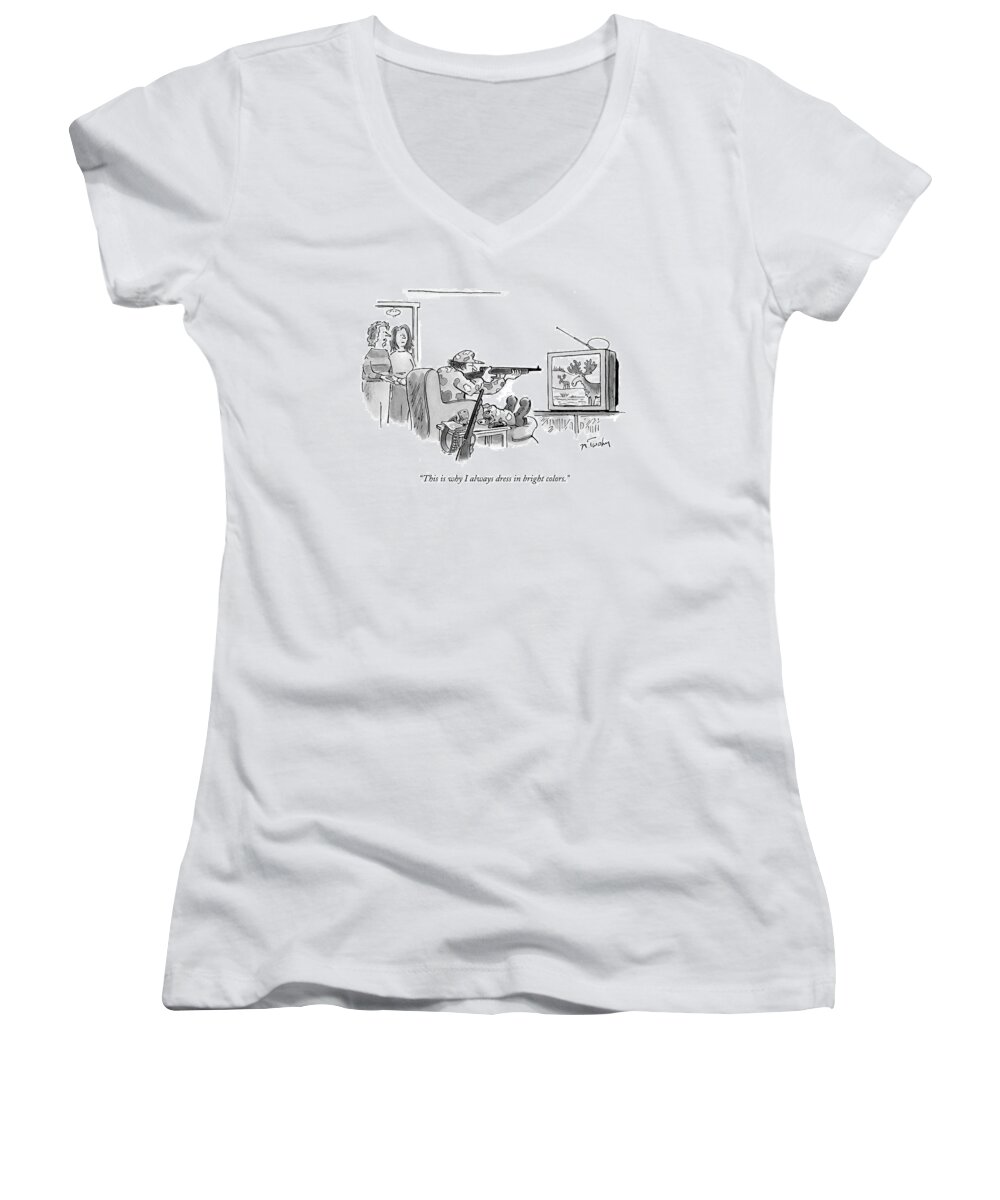 Sports Hunting Television Interiors
 Women's V-Neck featuring the drawing Wife Talking To Neighbor About Husband by Mike Twohy