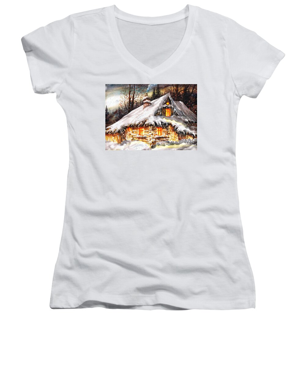 Winter Cottage Women's V-Neck featuring the painting Winter Cottage by Dariusz Orszulik