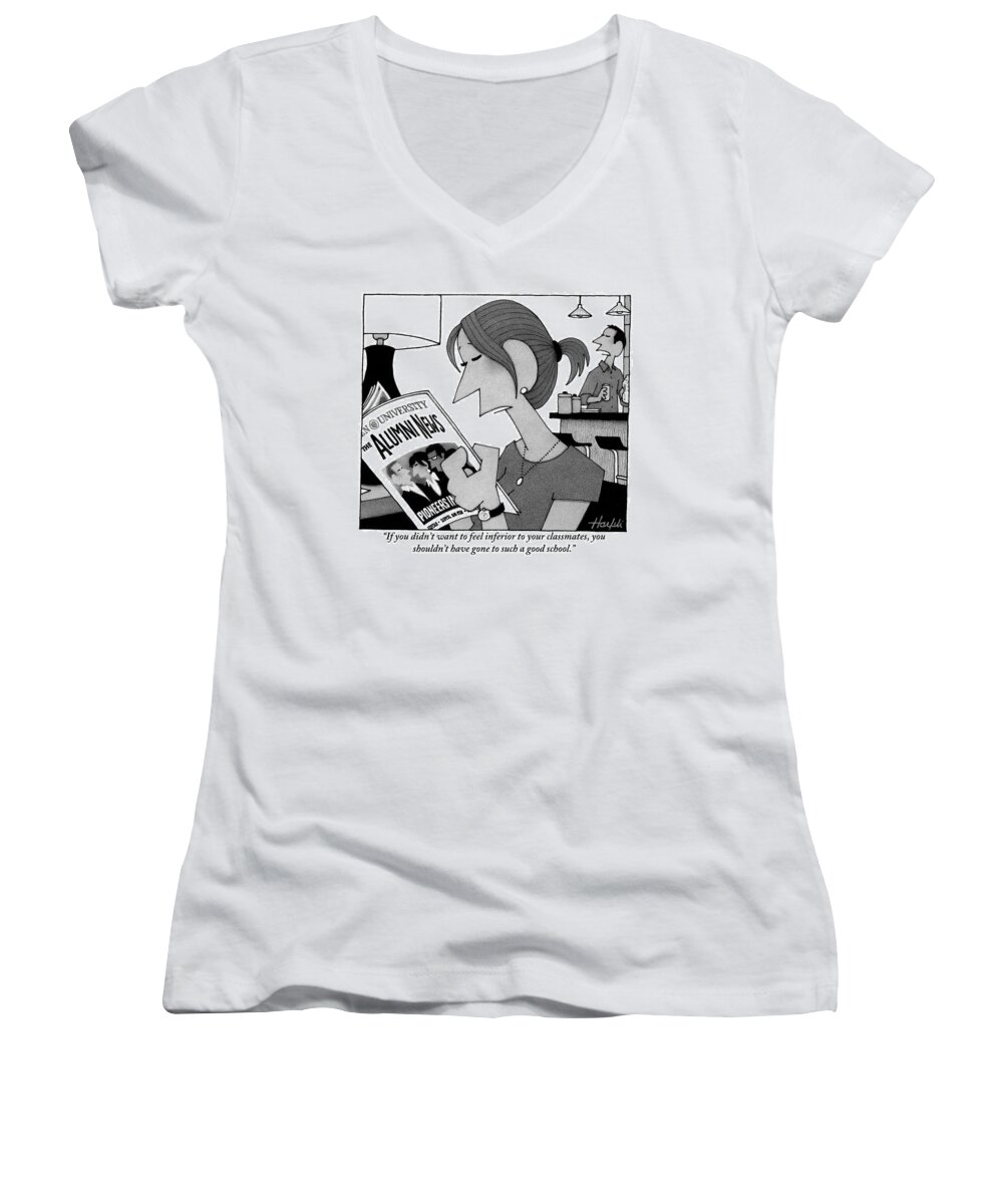 Inferior Women's V-Neck featuring the drawing Woman Sitting On Her Couch Reading by William Haefeli