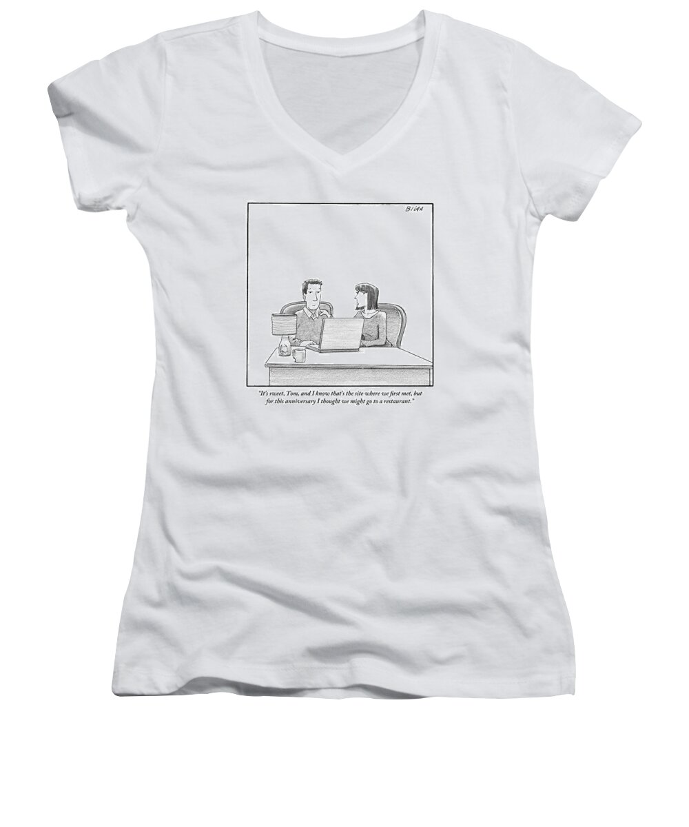 Internet Dating Women's V-Neck featuring the drawing Woman Speaks To Husband As They Sit Behind A Desk by Harry Bliss