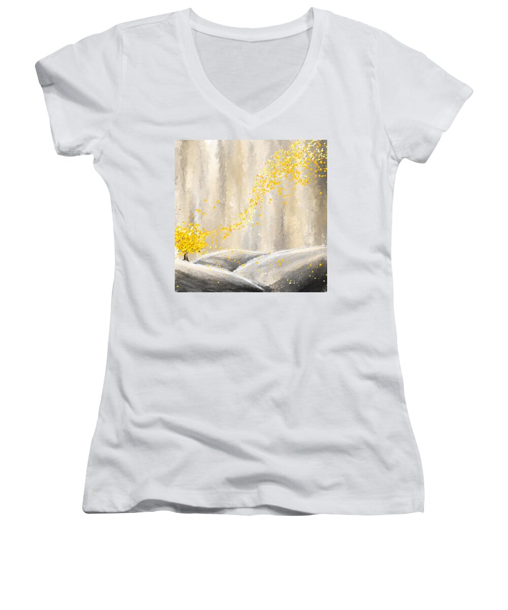 Yellow Women's V-Neck featuring the painting Yellow And Gray Landscape by Lourry Legarde