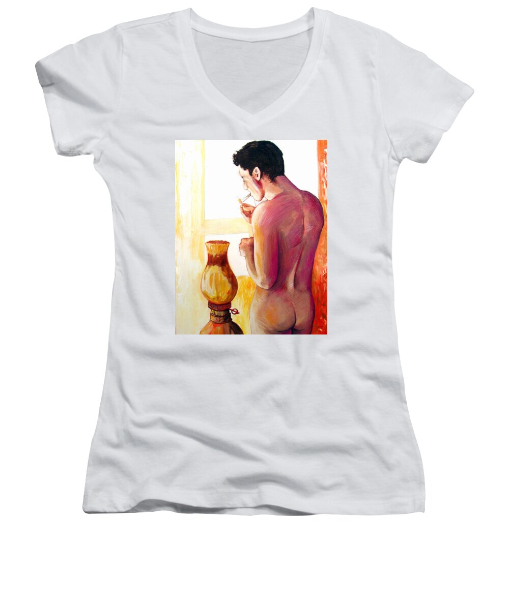 Nude Figure Women's V-Neck featuring the painting Yellow Cigarette by Rene Capone