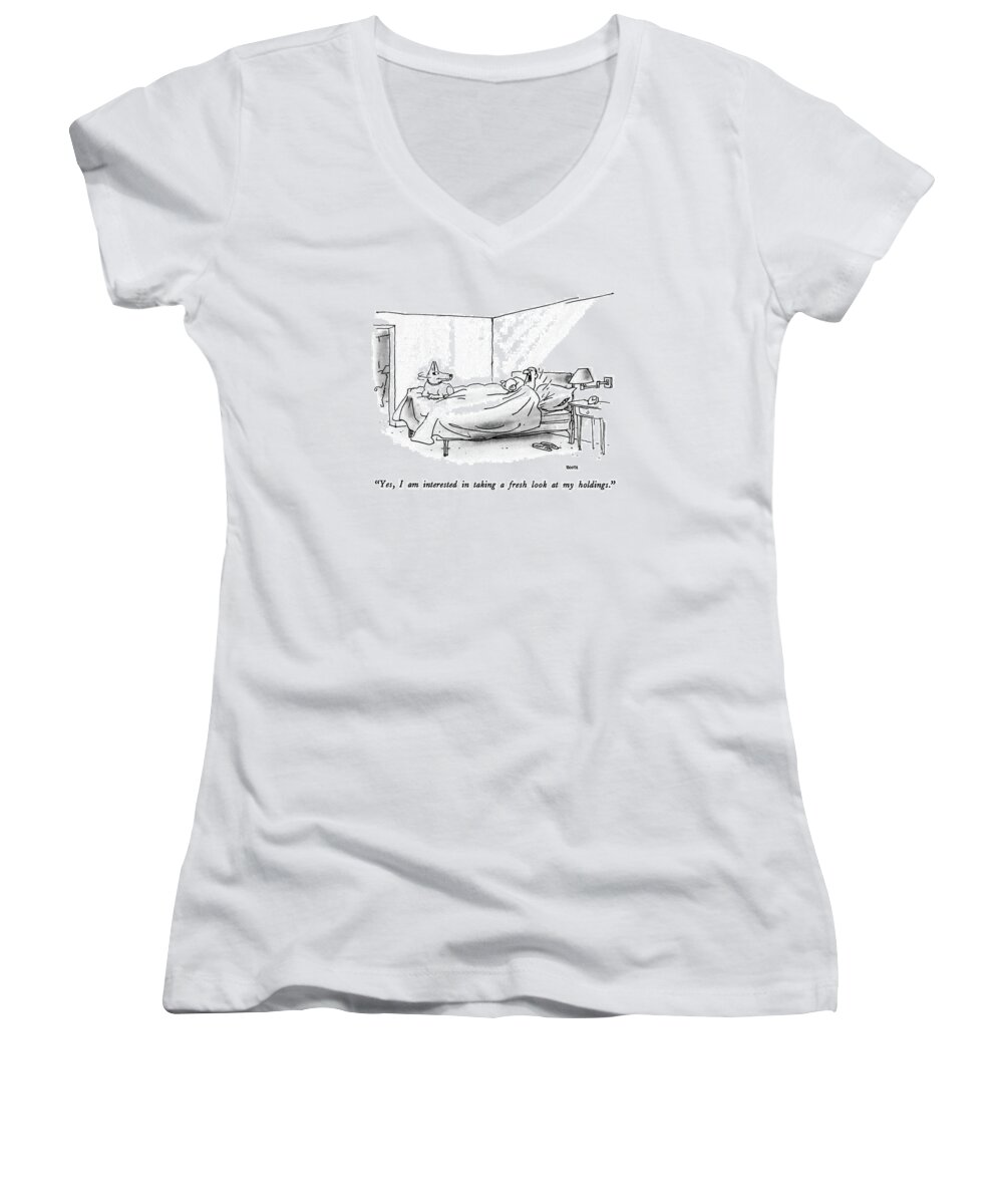 

 Man Shouts Out Suddenly In His Sleep. Dog At Foot Of Bed Whips Head Around To See What's Going On. Dreams Women's V-Neck featuring the drawing Yes, I Am Interested In Taking A Fresh Look by George Booth