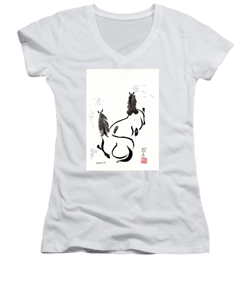 Chinese Brush Painting Women's V-Neck featuring the painting Zen Horses Retired by Bill Searle