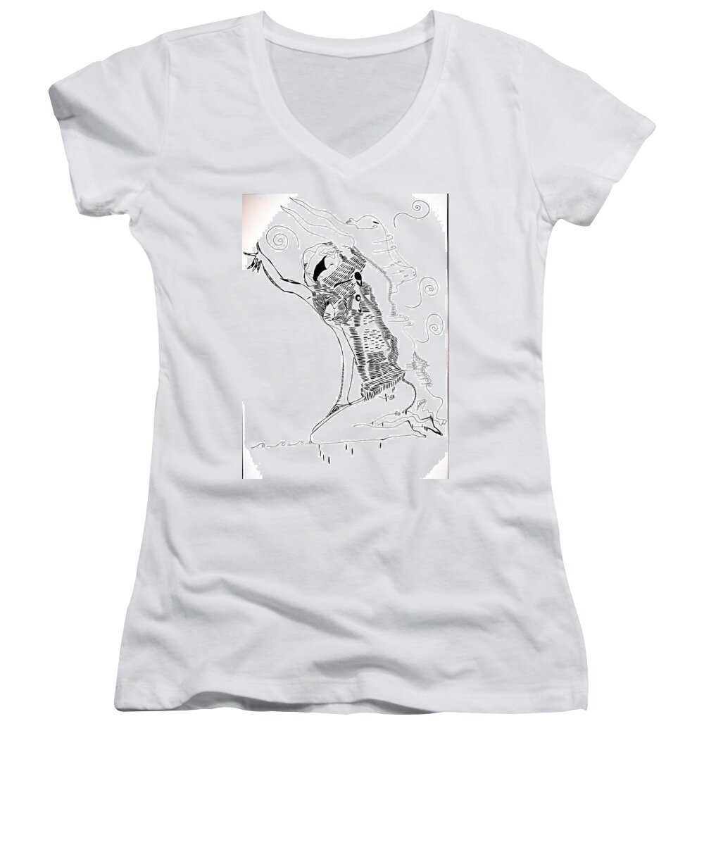 Jesus Women's V-Neck featuring the drawing Dinka dance - South Sudan #1 by Gloria Ssali