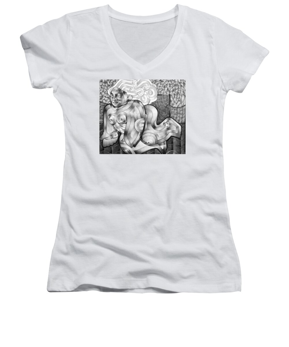 Art Women's V-Neck featuring the drawing Floating by Myron Belfast