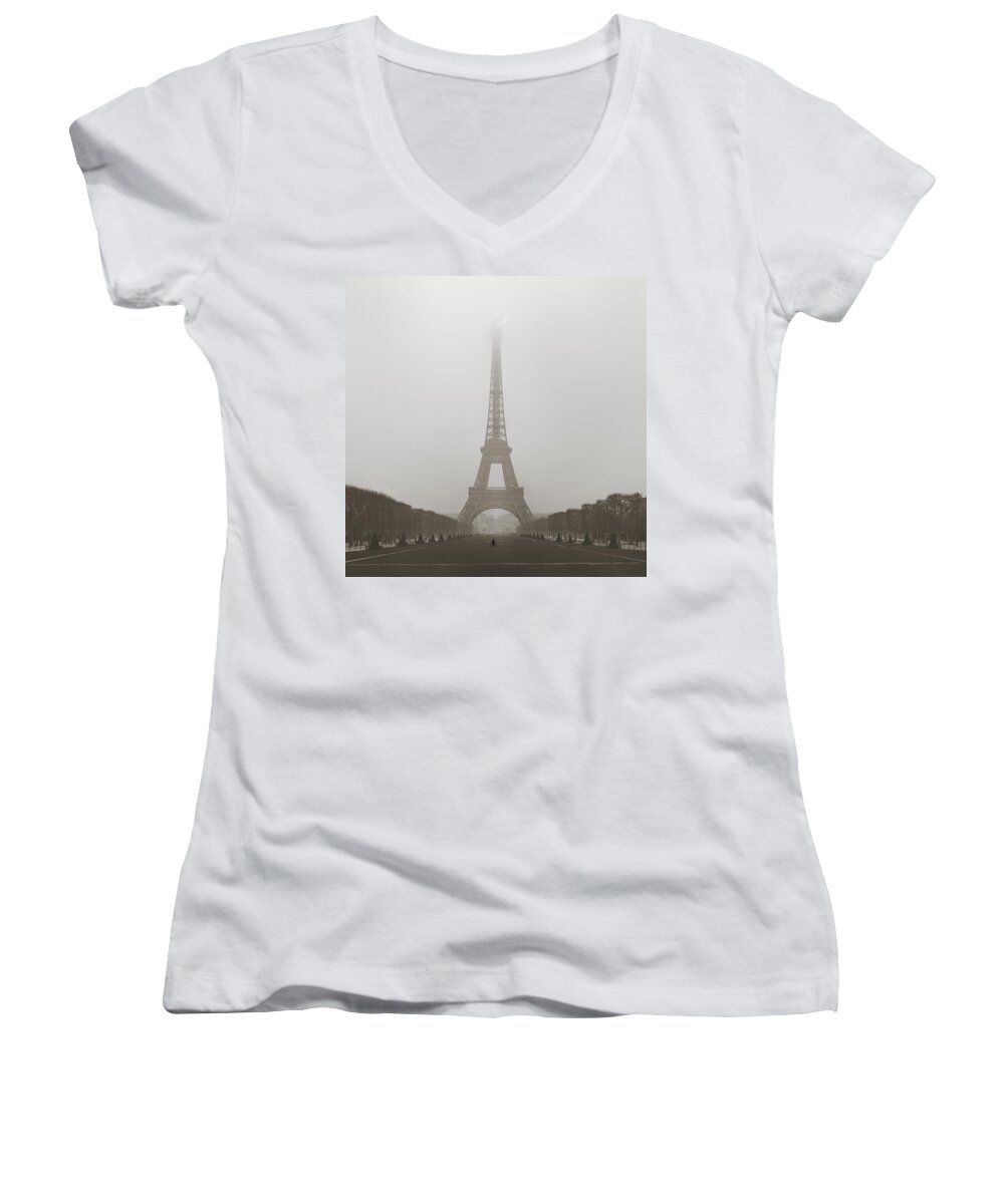 Metro Women's V-Neck featuring the photograph Foggy Morning in Paris #1 by Metro DC Photography