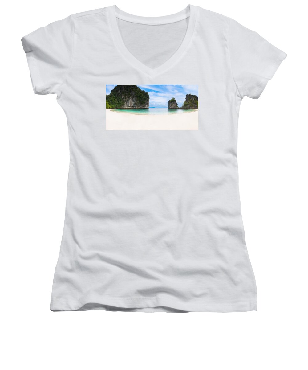 Andaman Women's V-Neck featuring the photograph White sandy beach in Thailand #1 by U Schade