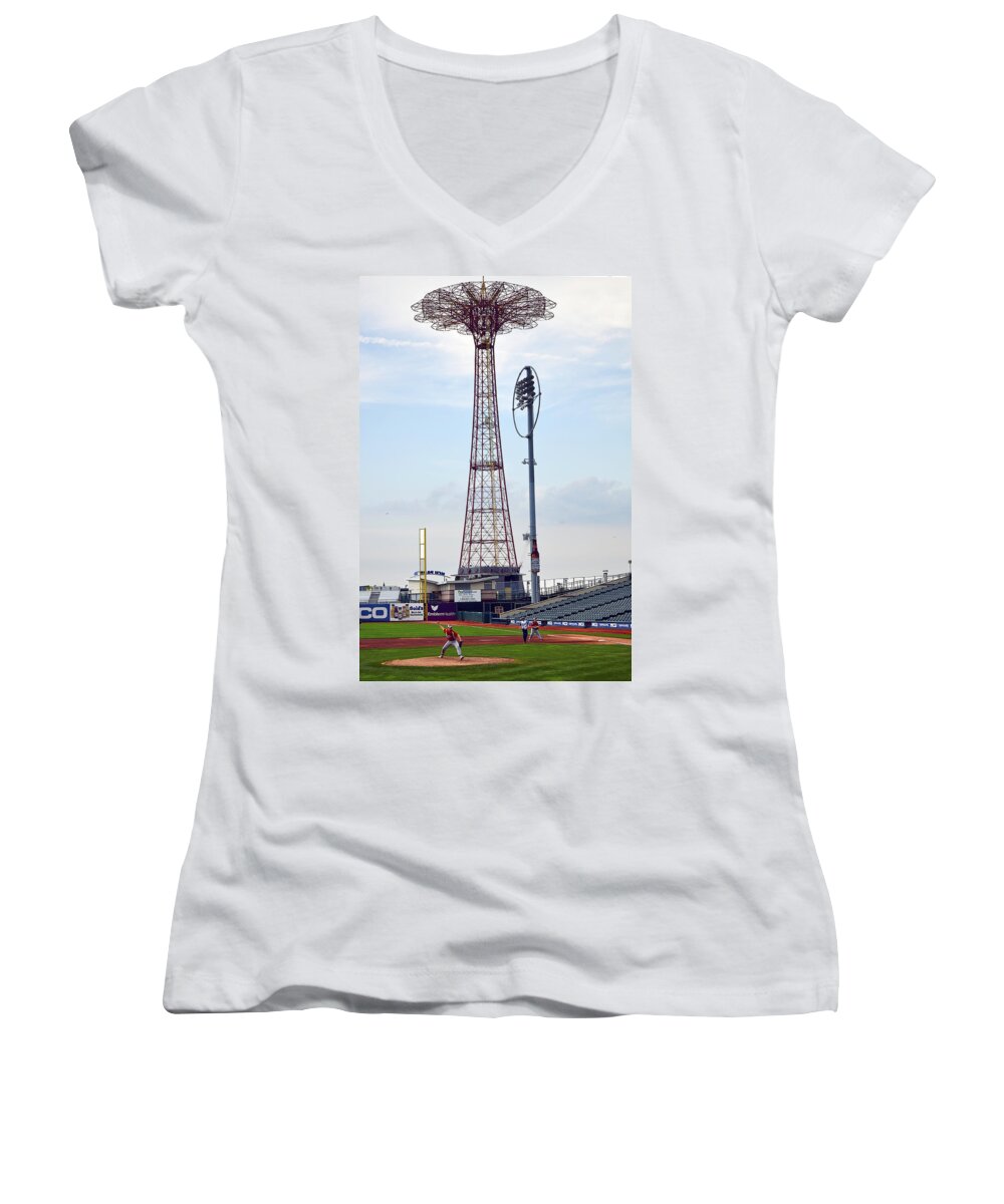 Cyclones Stadium Women's V-Neck featuring the photograph 13 Year Old Pitching at Coney Island Cyclones Stadium by Maureen E Ritter