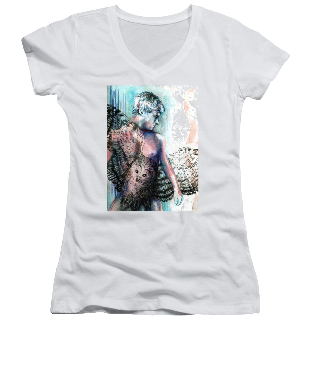 Boy Women's V-Neck featuring the painting A Boy Named Wind by Rene Capone