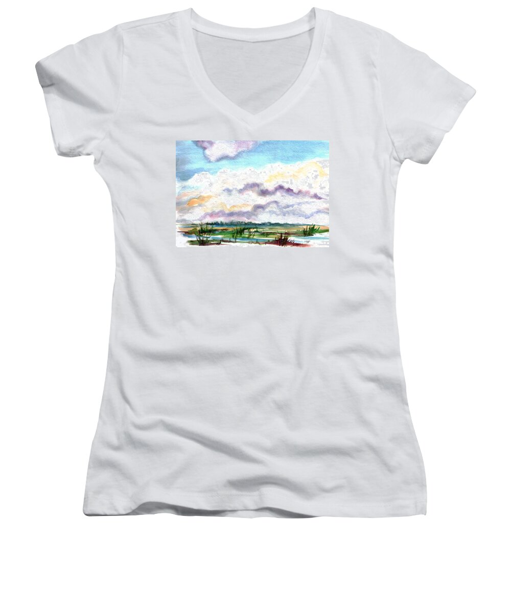 Wetlands Women's V-Neck featuring the painting Big Clouds by Clara Sue Beym