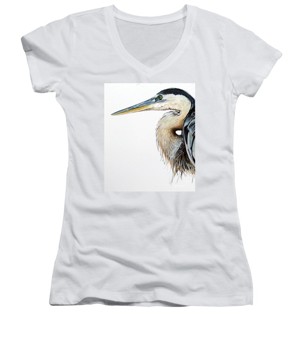 Blue Heron Women's V-Neck featuring the painting Blue Heron Study by Greg and Linda Halom
