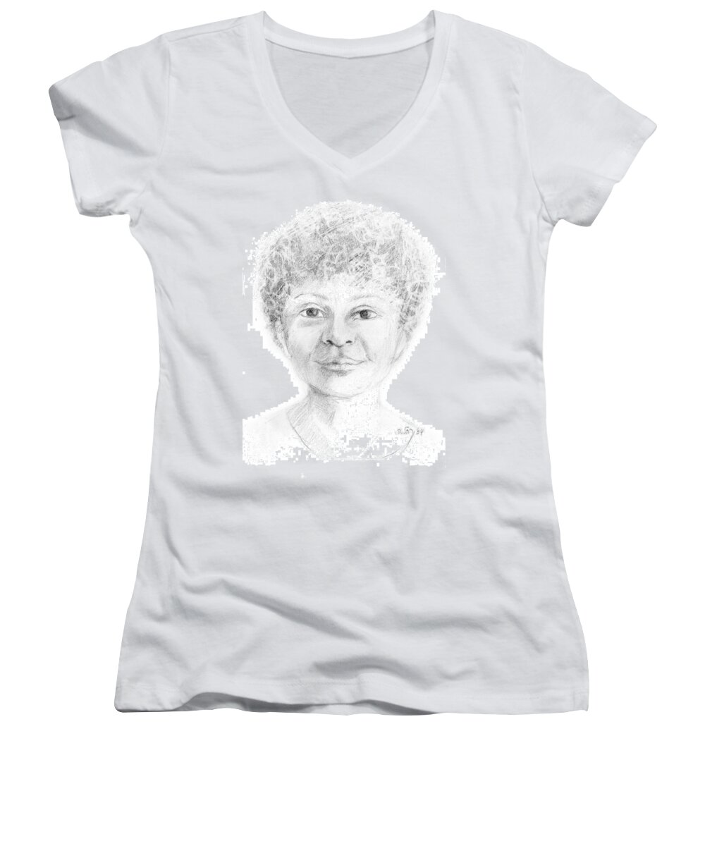 Boy Women's V-Neck featuring the drawing Boy or girl woman or man African or Asian has curly hair big lips and a big head by Rachel Hershkovitz