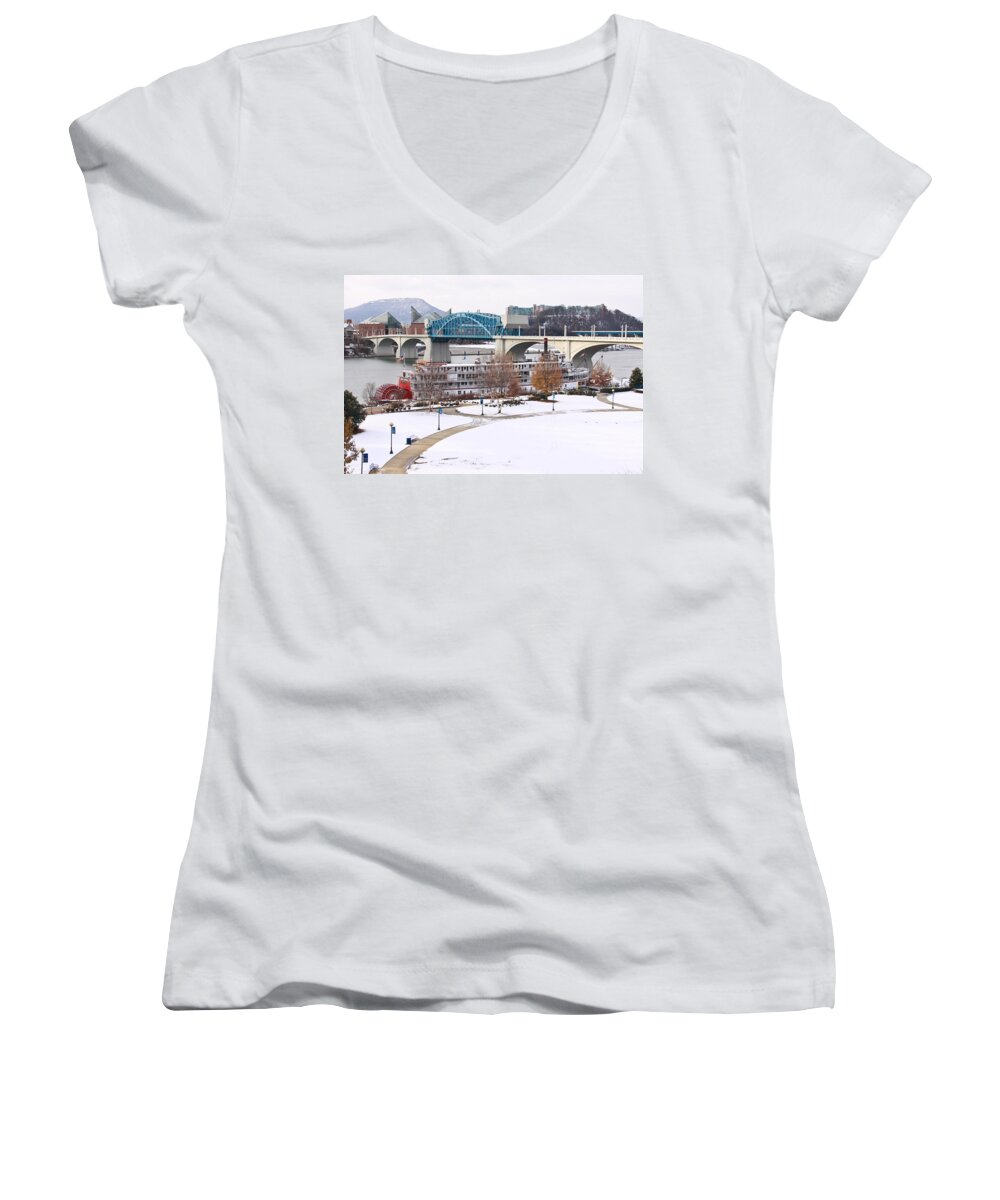 Delta Queen Women's V-Neck featuring the photograph Christmas Snow by Tom and Pat Cory