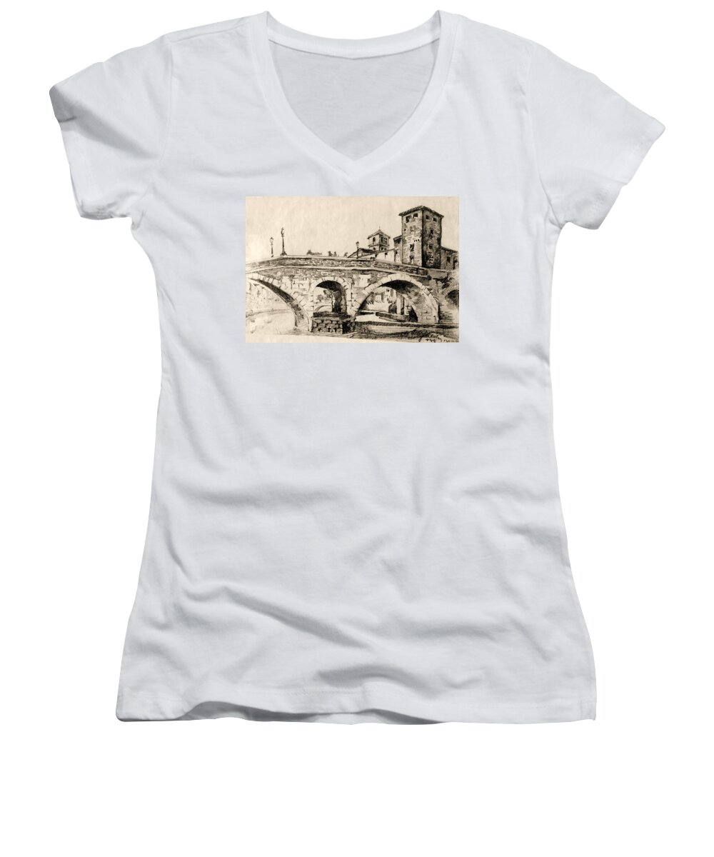 Crease Women's V-Neck featuring the drawing Cityscape by Odon Czintos