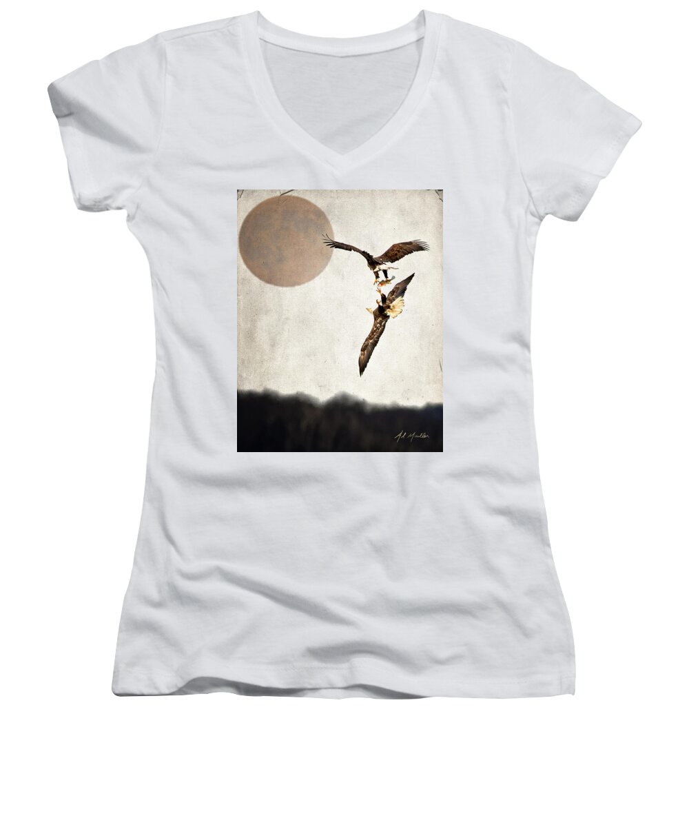 Birds Women's V-Neck featuring the photograph Fish theft by Al Mueller