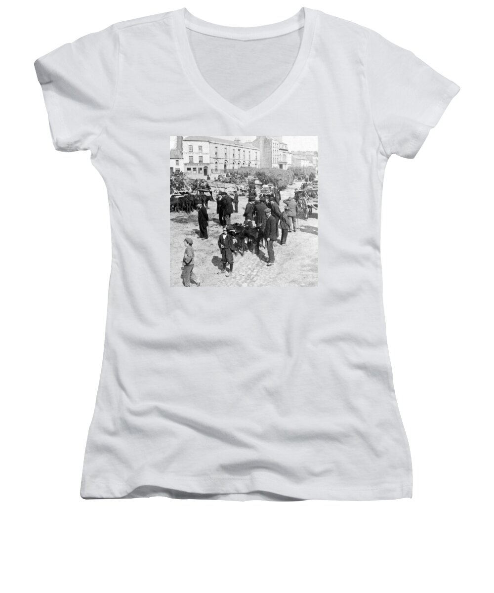galway Ireland Women's V-Neck featuring the photograph Galway Ireland - The Market at Eyre Square - c 1901 by International Images