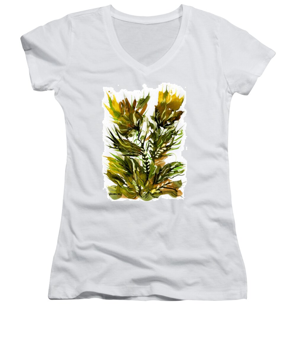 Thorn Women's V-Neck featuring the painting Green flames by Rachel Hershkovitz