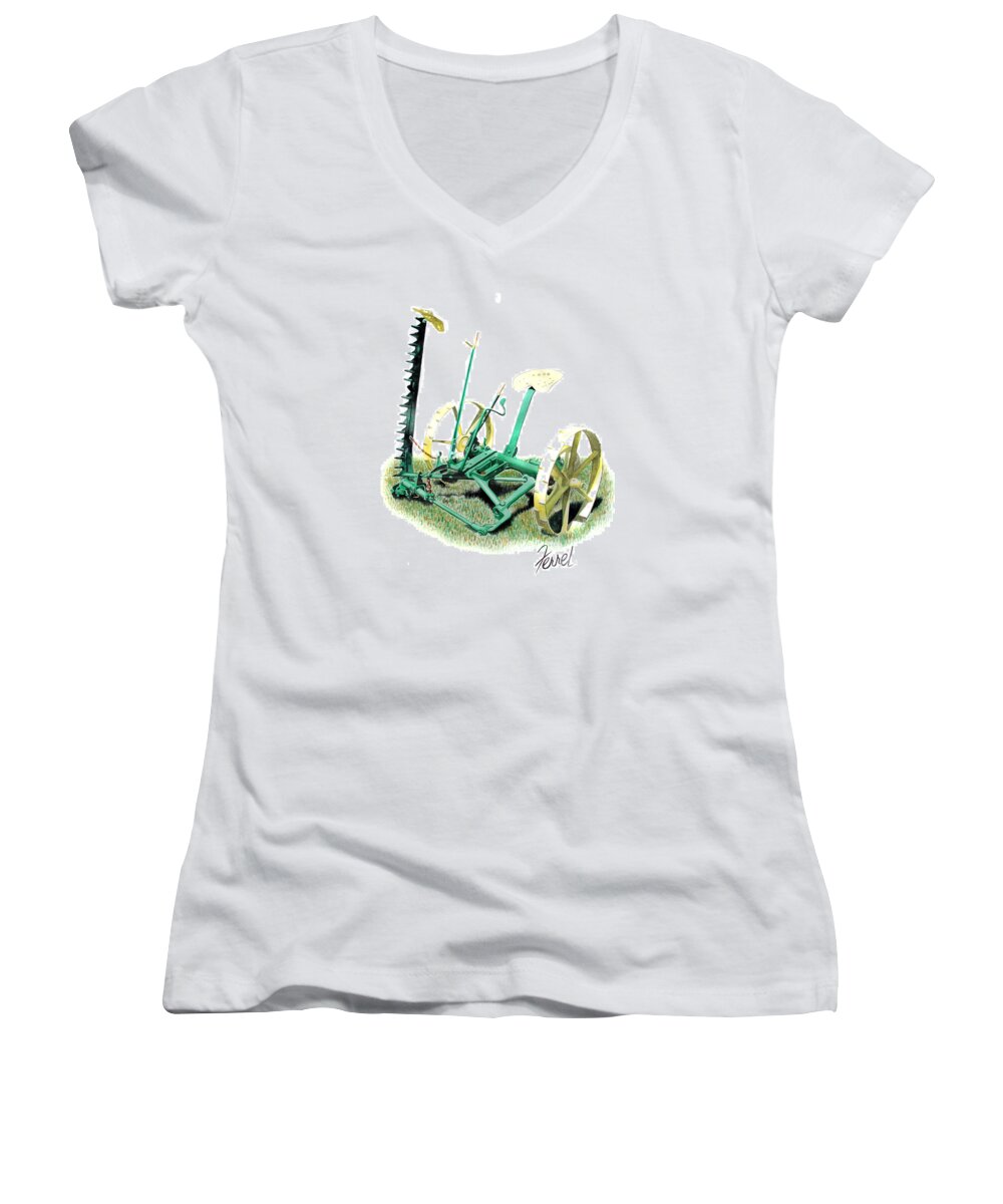 Hay Cutter Women's V-Neck featuring the painting Hay Cutter by Ferrel Cordle