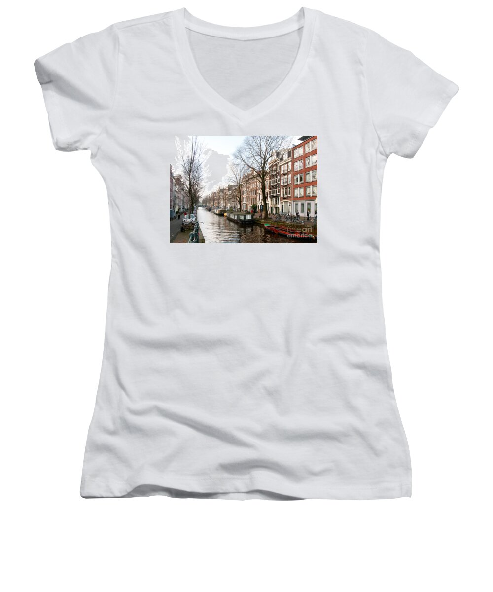 Along The River Women's V-Neck featuring the digital art Homes Along the Canal in Amsterdam by Carol Ailles