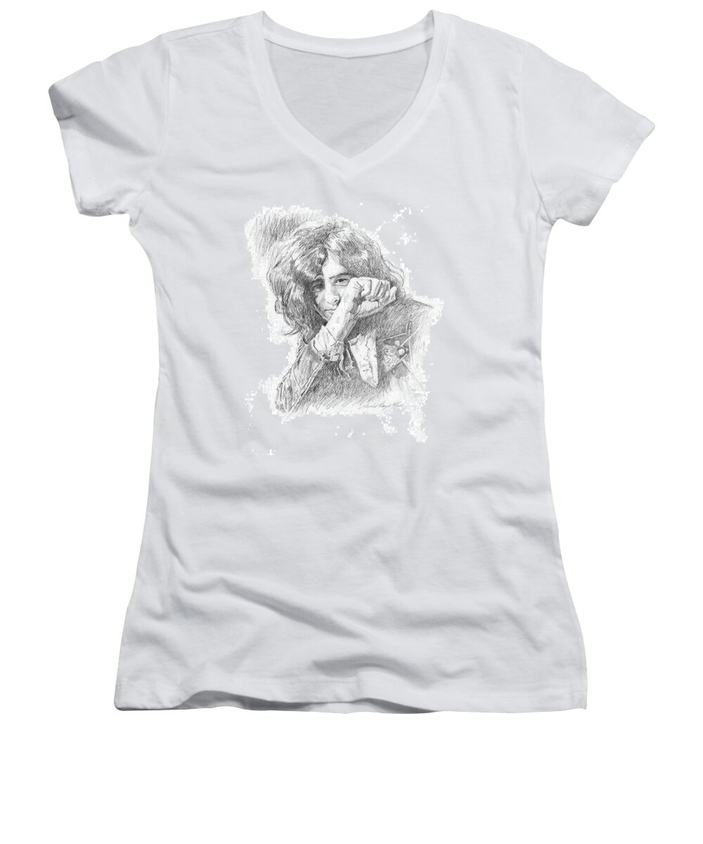 Jimmy Page Women's V-Neck featuring the drawing Jimmy Page in Person by David Lloyd Glover