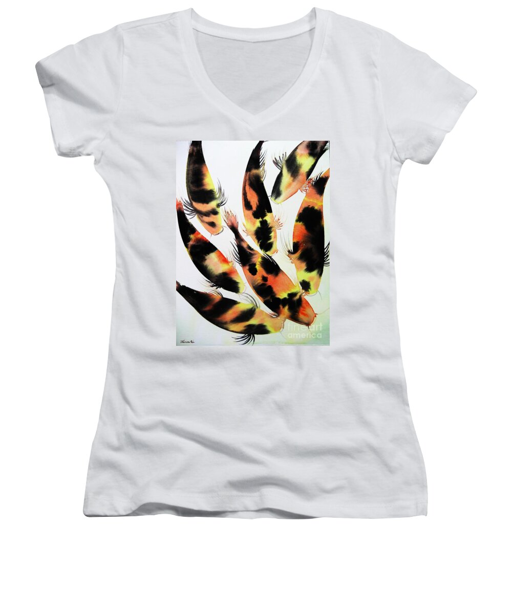 Nature Women's V-Neck featuring the painting Koi Action by Frances Ku