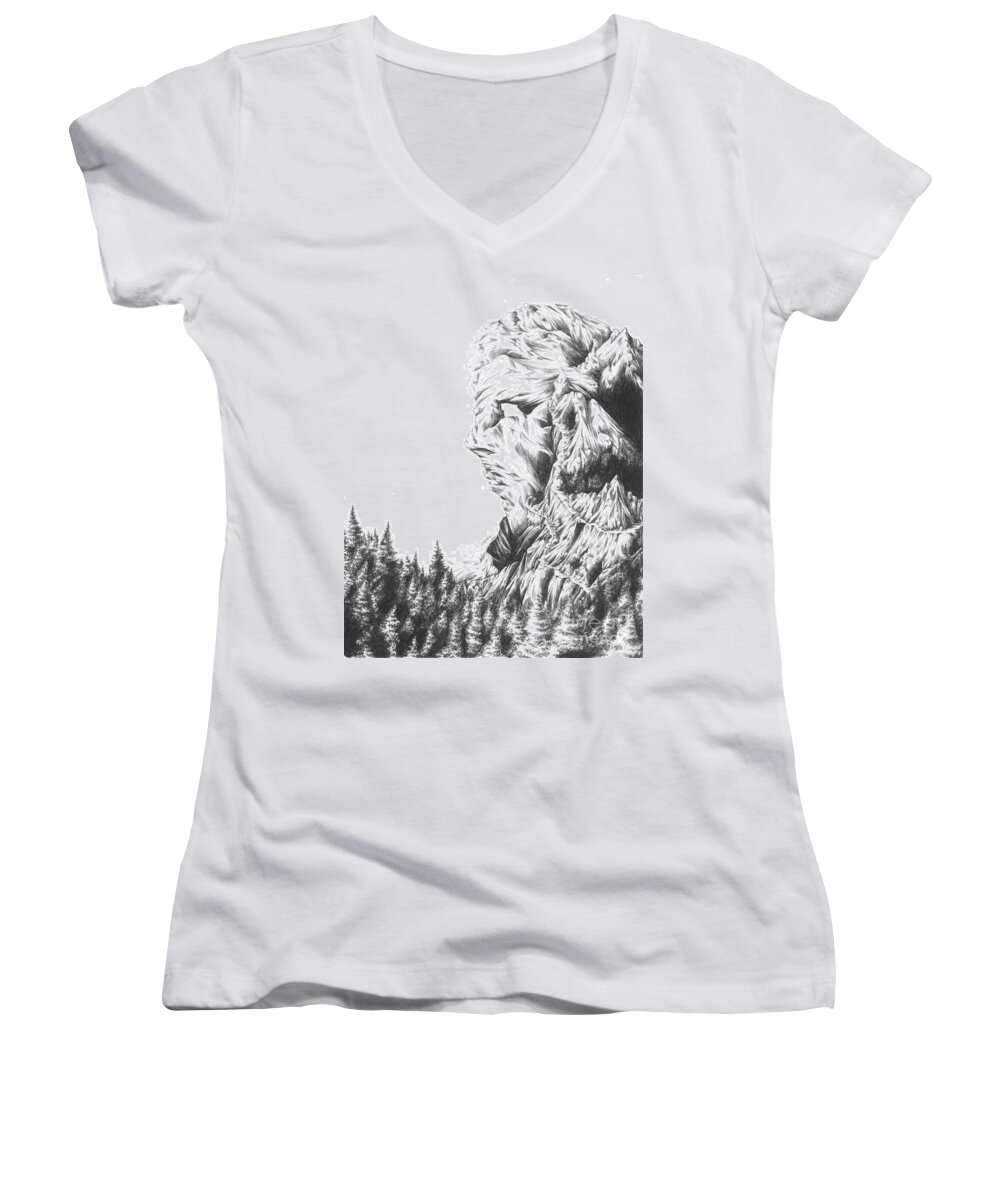 Cliff Women's V-Neck featuring the drawing Mother Nature - Face of the Earth by Alice Chen