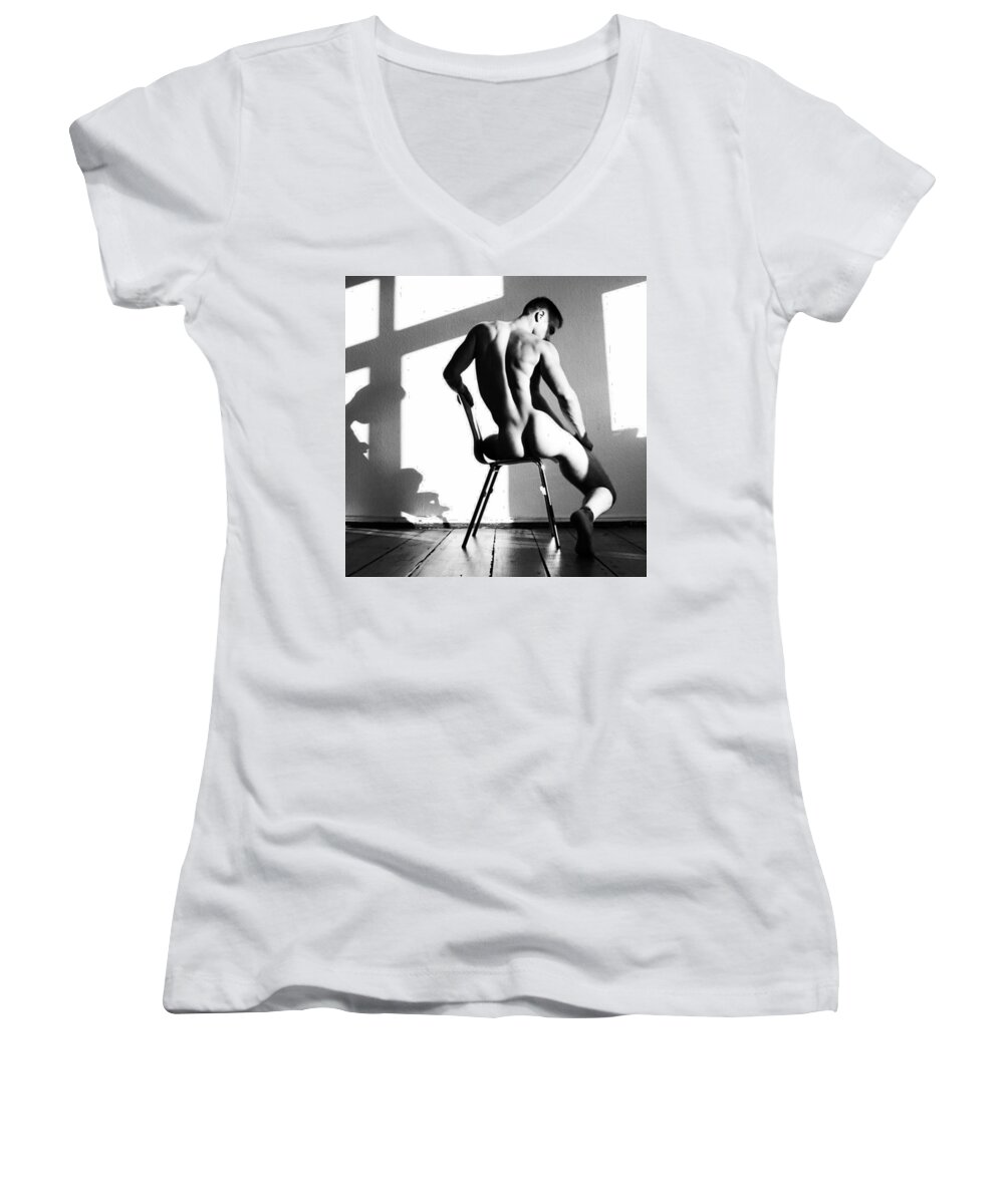 Nude Women's V-Neck featuring the photograph Nude man on chair by Sumit Mehndiratta
